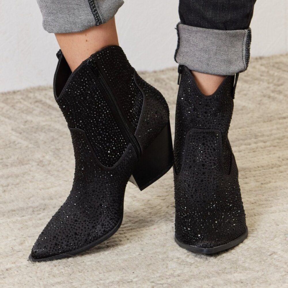 Rhinestone Ankle Cowboy Boots in Black